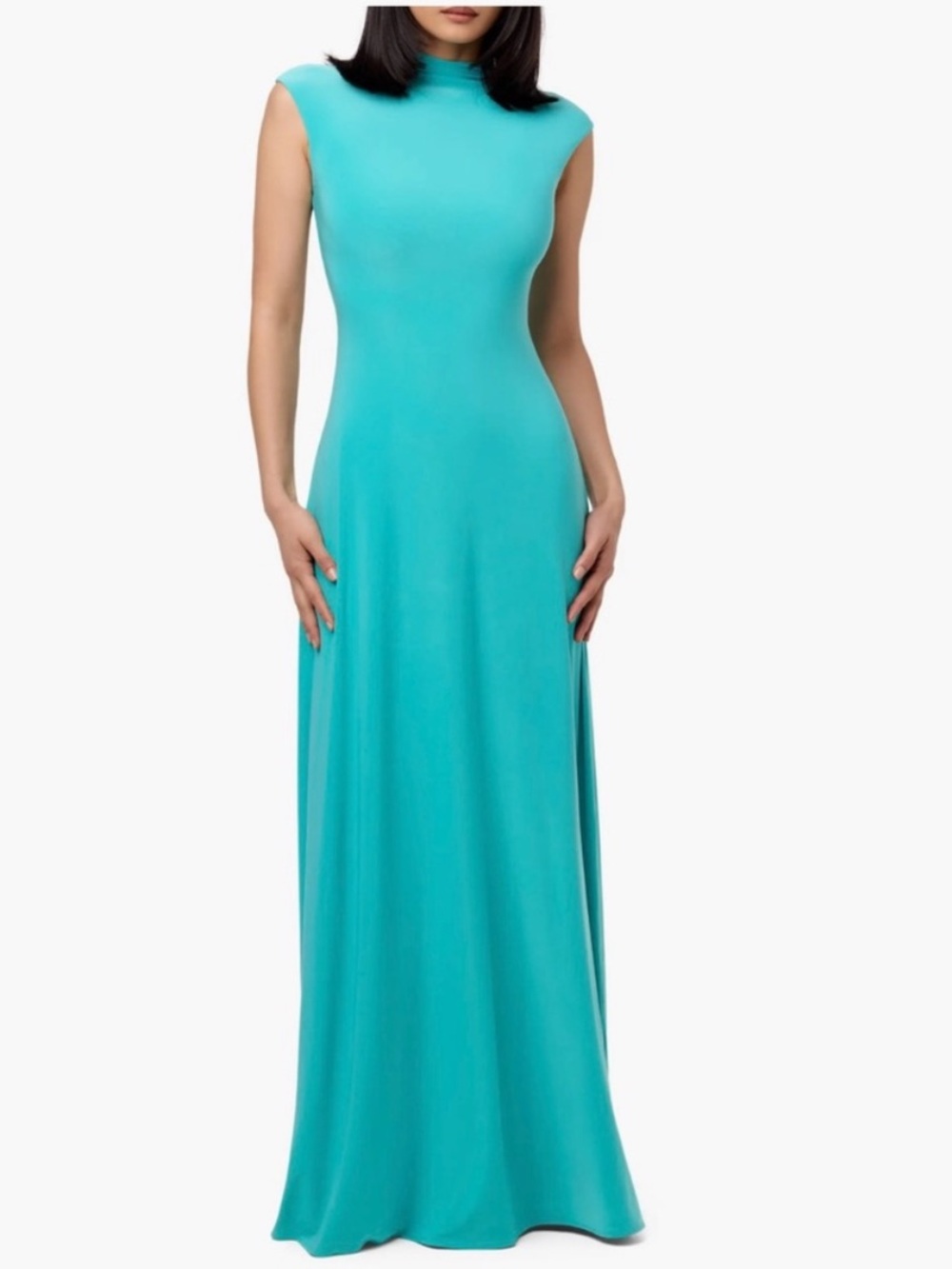 Naked Wardrobe Turquoise Aqua Double Jersey Knit Maxi Dress Mock Neck NEW - Picture 2 of 9